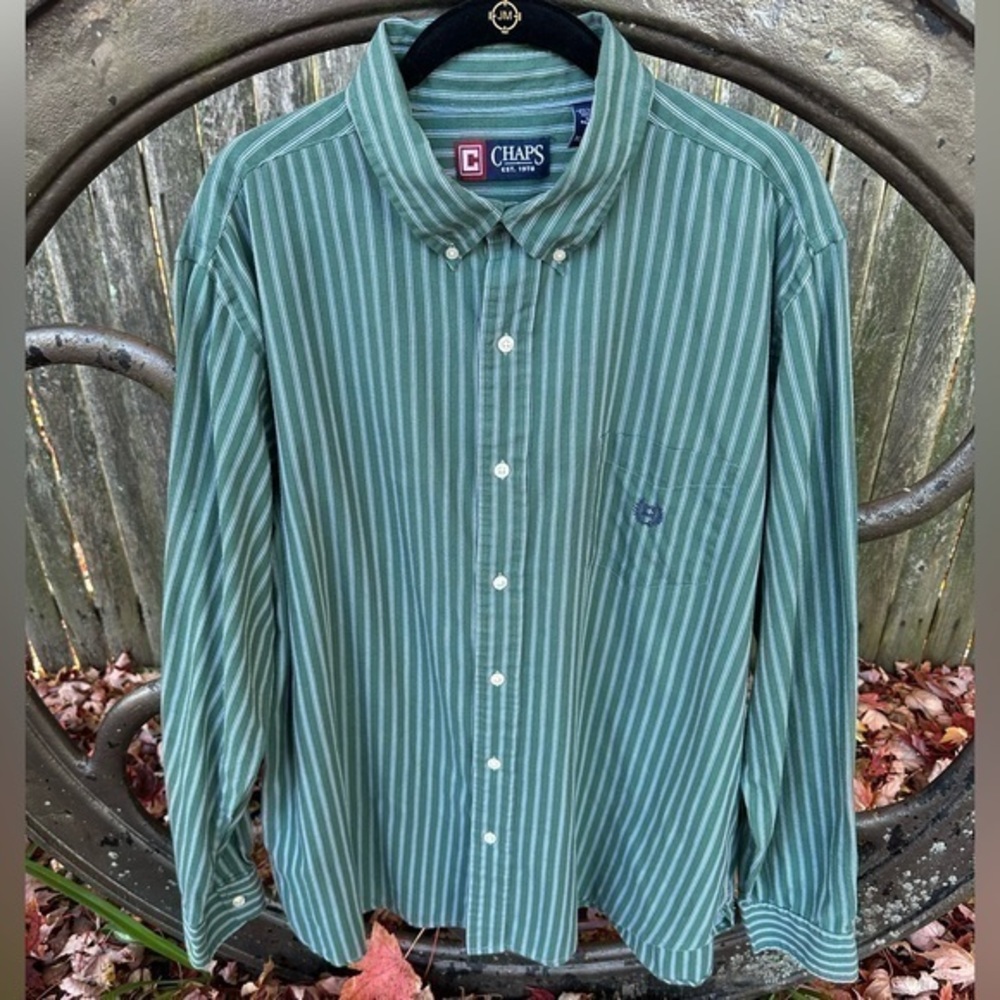 Chaps Men’s Button‎ Down Long Sleeve Shirt (Green & White Striped)